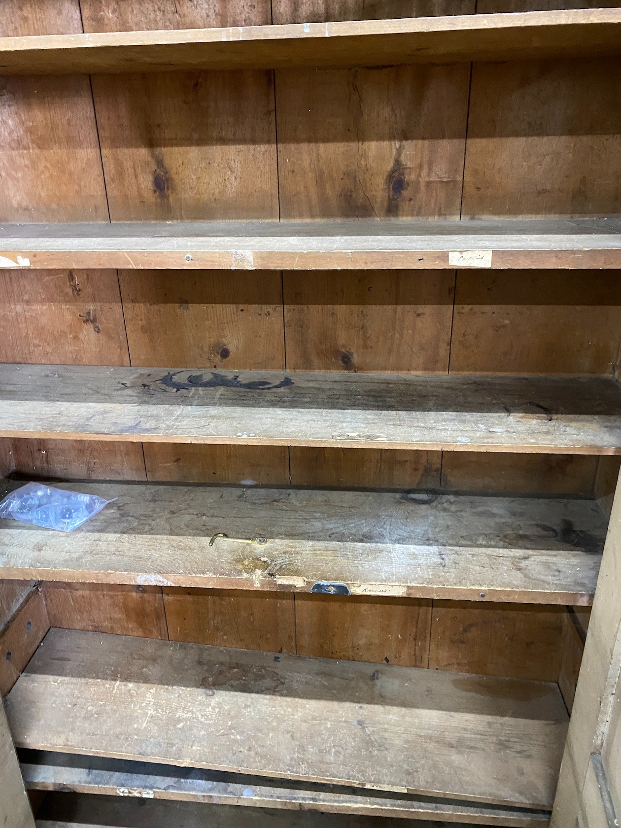 A Victorian painted pine two door kitchen cabinet, width 116cm, depth 36cm, height 202cm